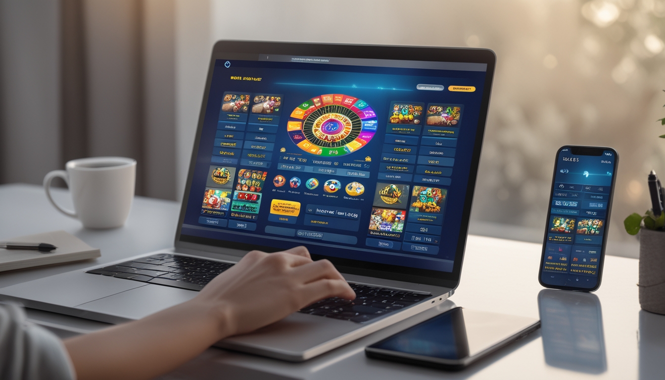 Seorang pengguna sedang menggunakan laptop dan ponsel dengan tampilan situs lotere online di meja kerja yang rapi.
