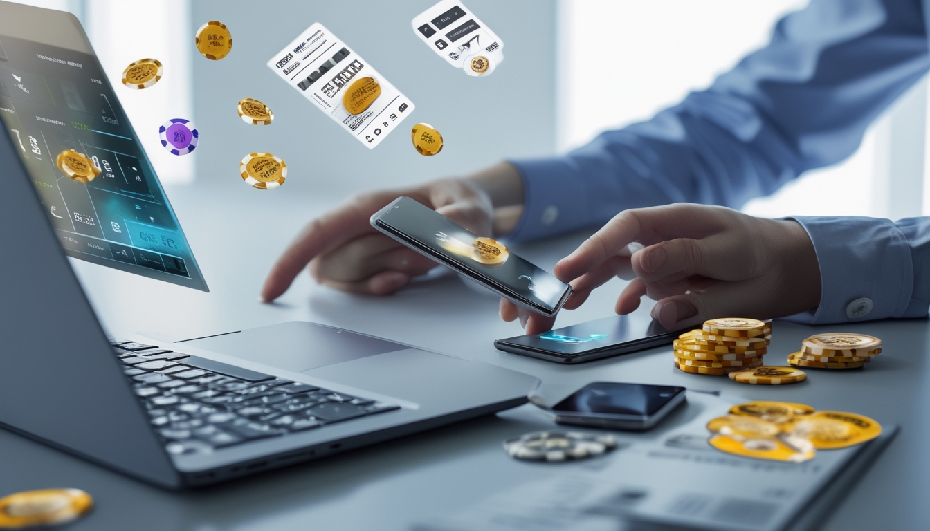 Seorang individu menggunakan laptop dan ponsel di meja kerja yang rapi, dengan elemen-elemen yang menggambarkan transaksi keuangan online dan permainan togel.