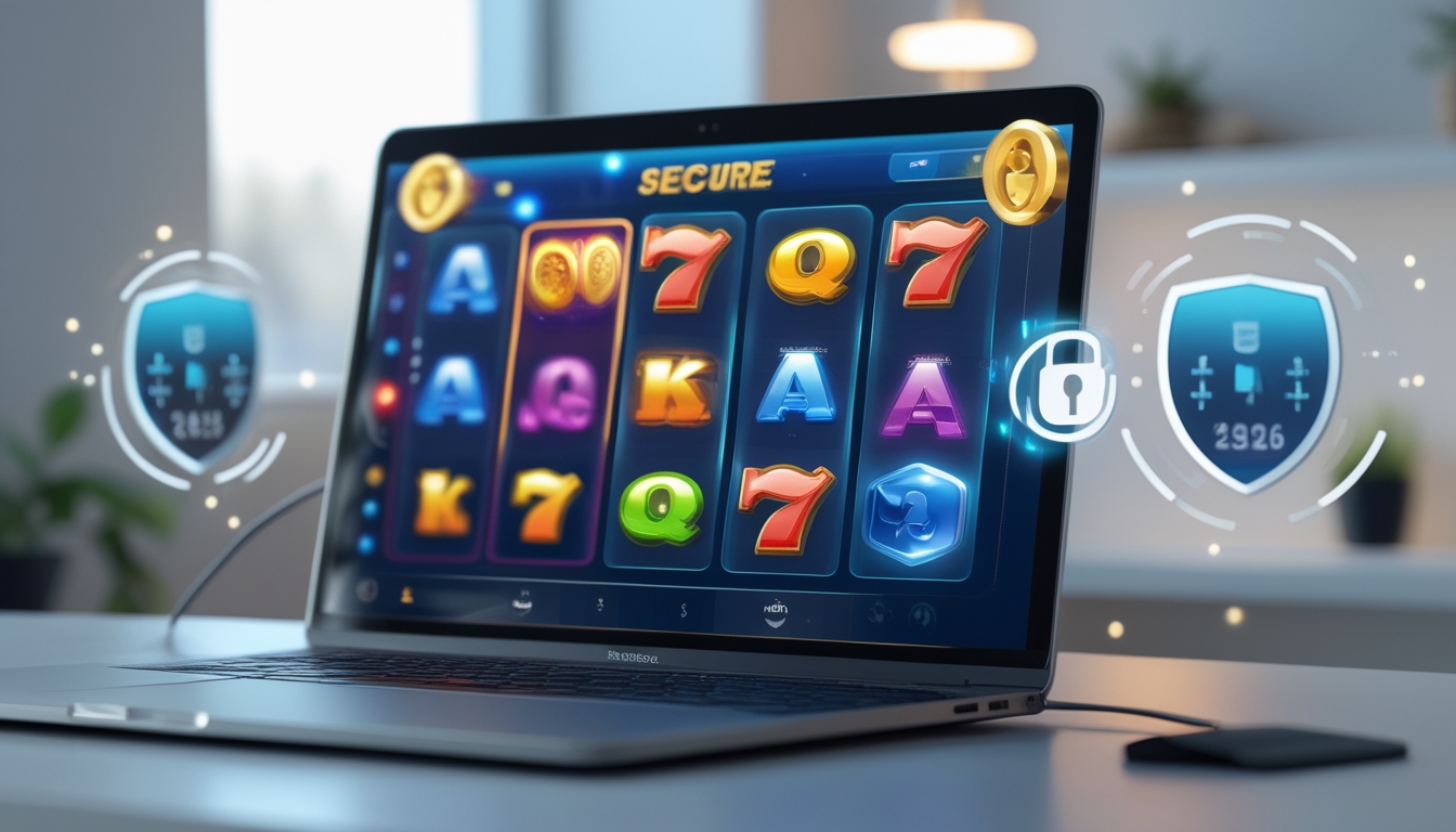Seorang pengguna bermain mesin slot online di komputer dengan ikon keamanan digital di latar belakang.