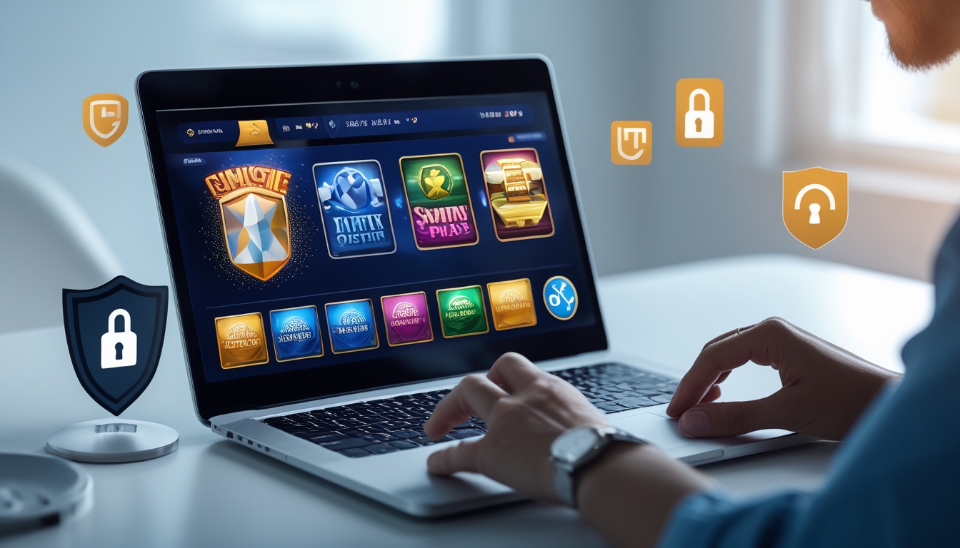 Seseorang menggunakan laptop dengan tampilan permainan slot online dan simbol keamanan di sekitarnya.