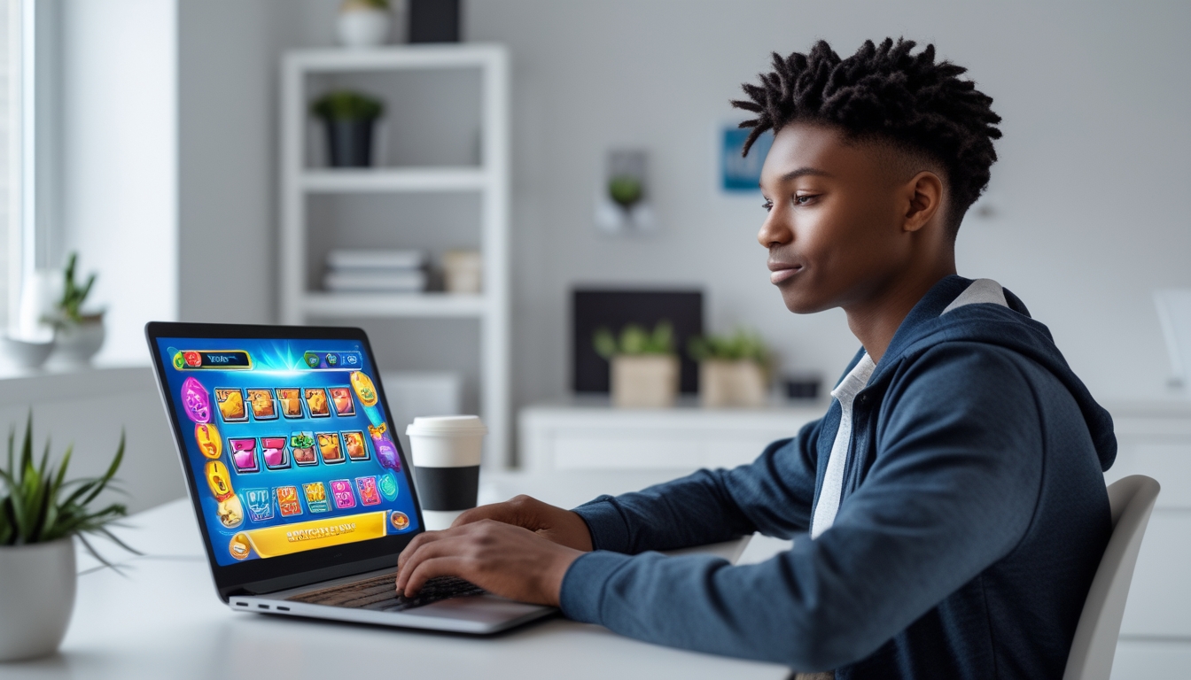 Seorang dewasa muda duduk di meja dengan laptop yang menampilkan permainan slot online, di ruang kerja rumah yang rapi dan terang.