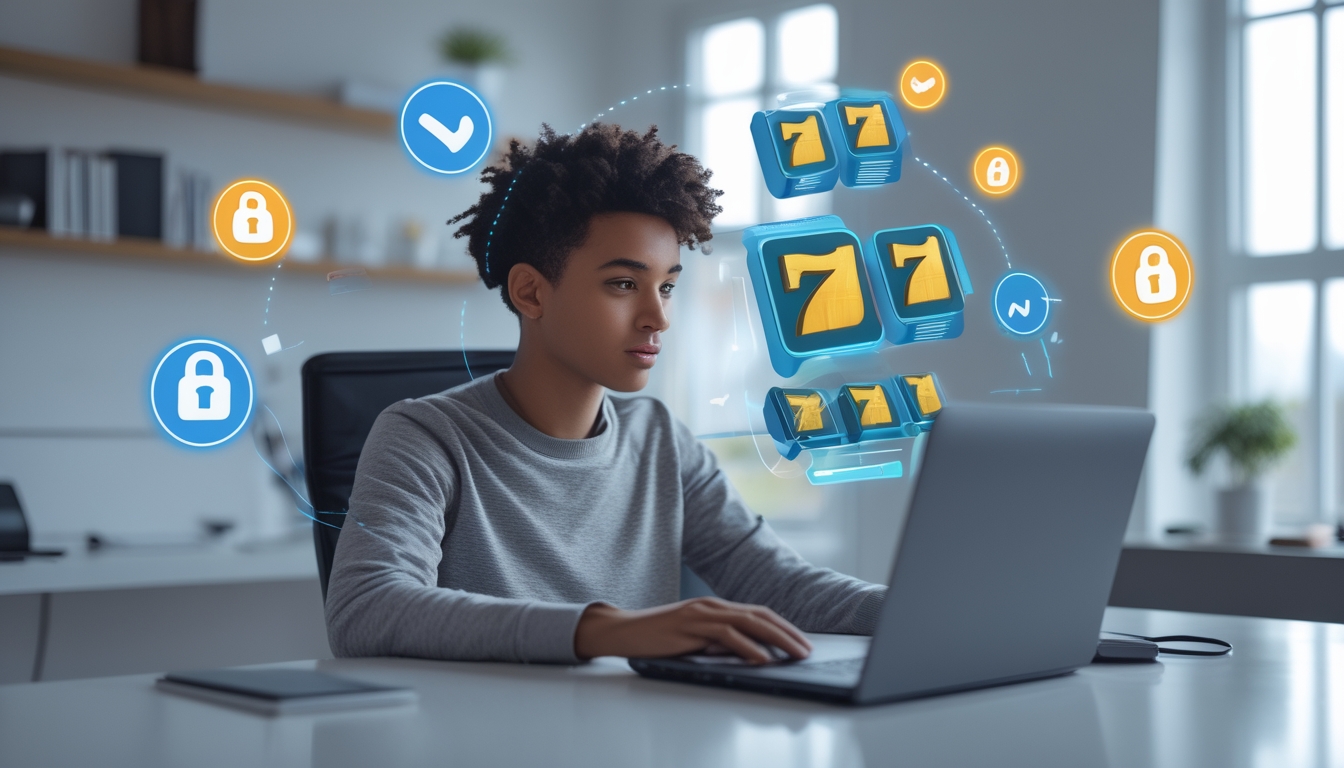 Seorang dewasa muda sedang duduk di meja dengan laptop, dikelilingi ikon mesin slot dan simbol keamanan online, menunjukkan proses memilih platform slot online yang terpercaya.
