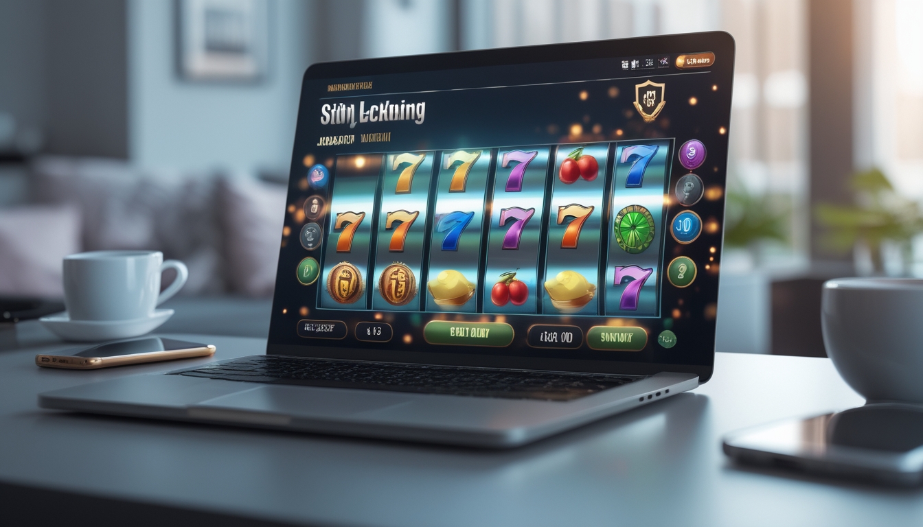 Seseorang menggunakan laptop menampilkan permainan slot online dengan simbol warna-warni, di meja kerja yang rapi.