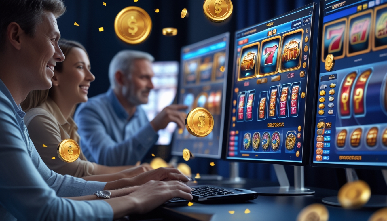 Orang-orang sedang bermain mesin slot online di komputer dan ponsel dalam suasana yang aman dan terpercaya.