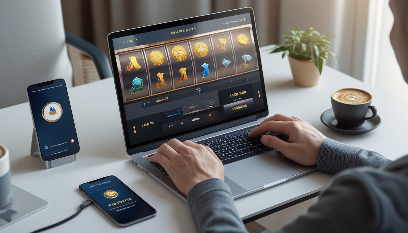 Meja kerja modern dengan laptop yang menampilkan permainan slot online, tangan seseorang sedang menggunakan keyboard dan mouse, serta ponsel dengan ikon koneksi aman di sampingnya.