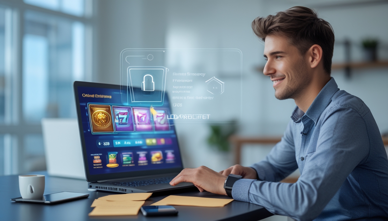 Seorang pria muda duduk di meja dengan laptop yang menampilkan permainan slot online, suasana modern dan aman dengan simbol keamanan digital di latar belakang.