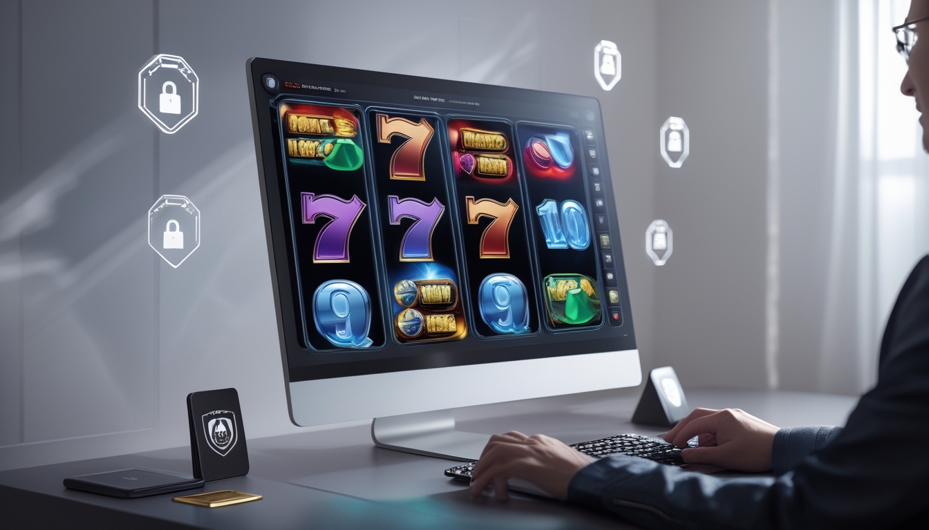 Seorang pemain menggunakan komputer dengan tampilan permainan slot online yang berwarna-warni di layar, di meja terdapat simbol keamanan seperti gembok dan perisai.