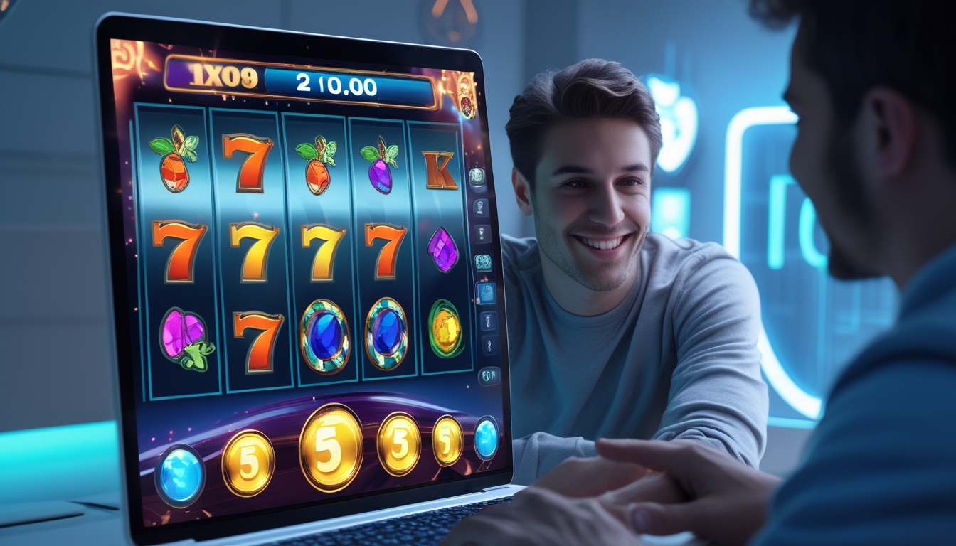 Seorang dewasa muda menggunakan laptop dengan tampilan permainan slot online yang berwarna-warni dan simbol keberuntungan, menunjukkan pengalaman bermain yang aman dan resmi.