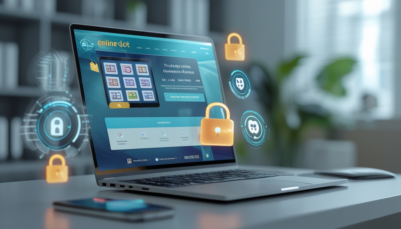 Seorang profesional menggunakan laptop dengan tampilan situs slot online yang aman dan terpercaya di kantor yang terang dan rapi.