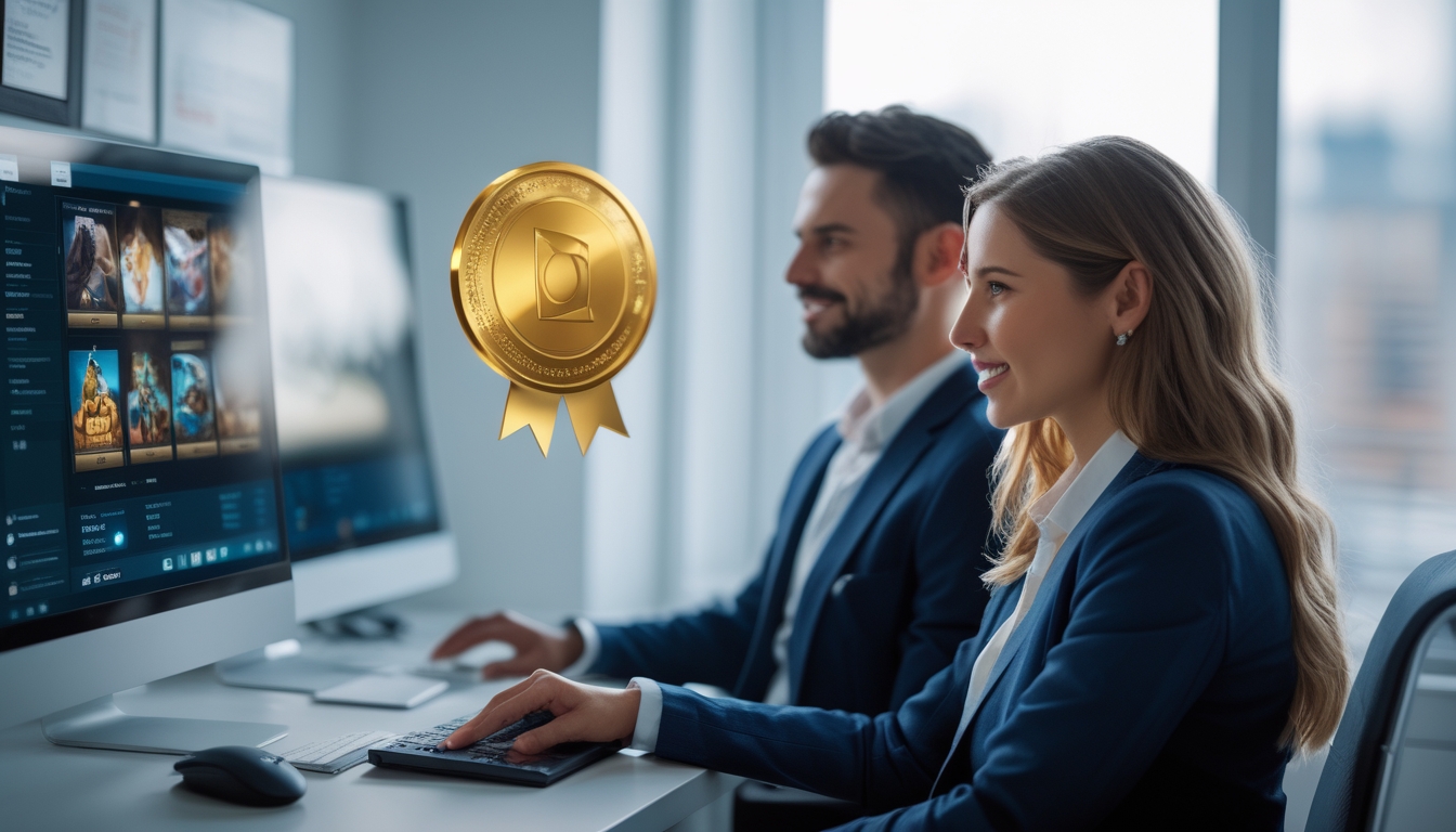 Seorang pria dan wanita duduk di depan komputer di kantor modern, dengan lambang resmi di samping komputer yang menunjukkan keamanan bermain slot online.