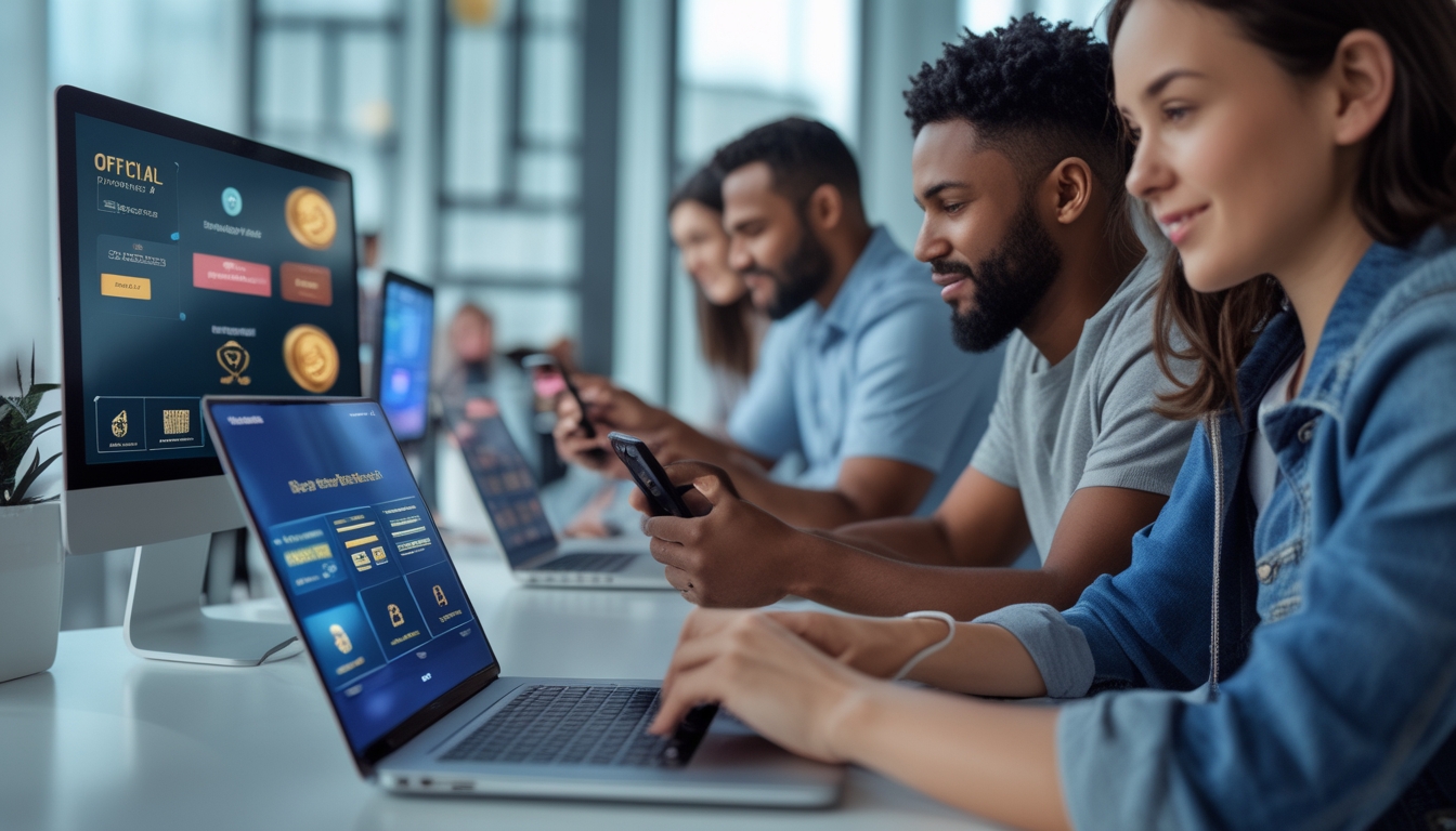 Orang-orang menggunakan perangkat digital untuk melakukan deposit dan penarikan di platform slot online yang resmi dan aman.