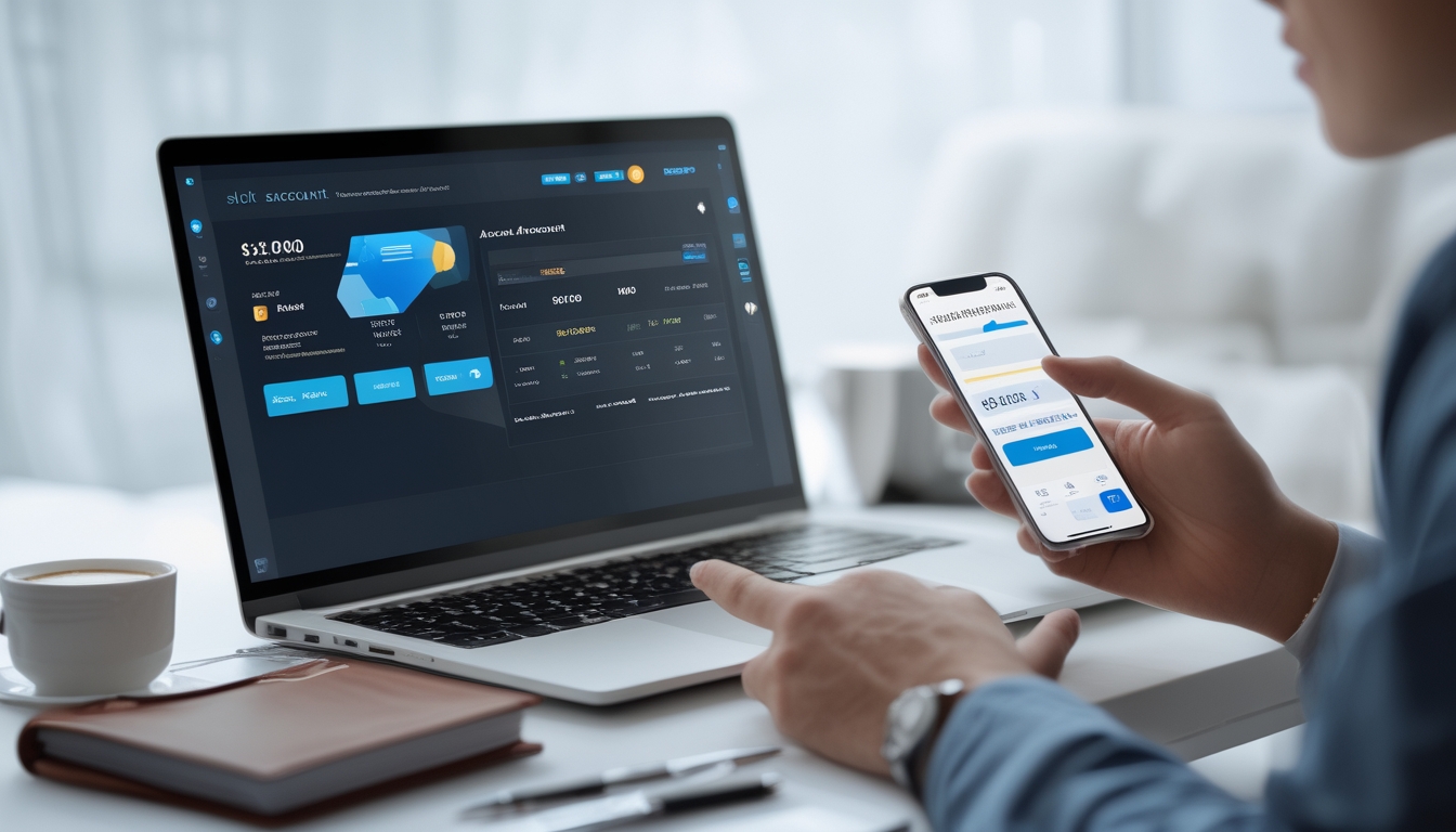 Seseorang menggunakan laptop dan ponsel di meja kerja yang rapi untuk melakukan transaksi deposit dan withdraw akun slot online.