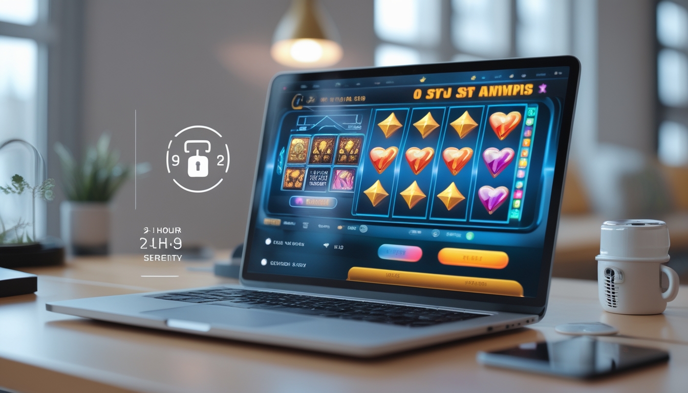 Seorang pengguna sedang bermain permainan slot online di laptop di ruang kerja yang terang dan modern dengan simbol keamanan di latar belakang.