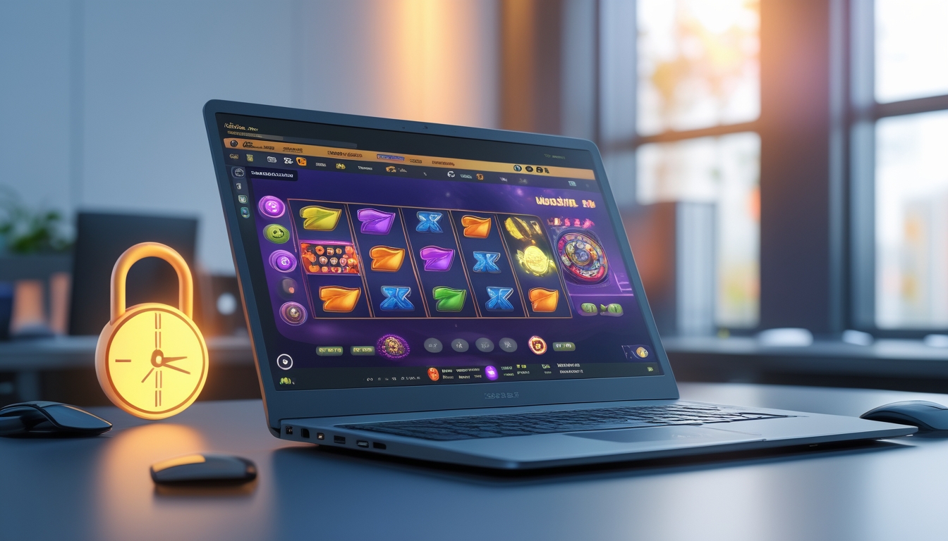Sebuah laptop menampilkan permainan slot online dengan ikon keamanan dan jam layanan 24 jam di latar belakang.