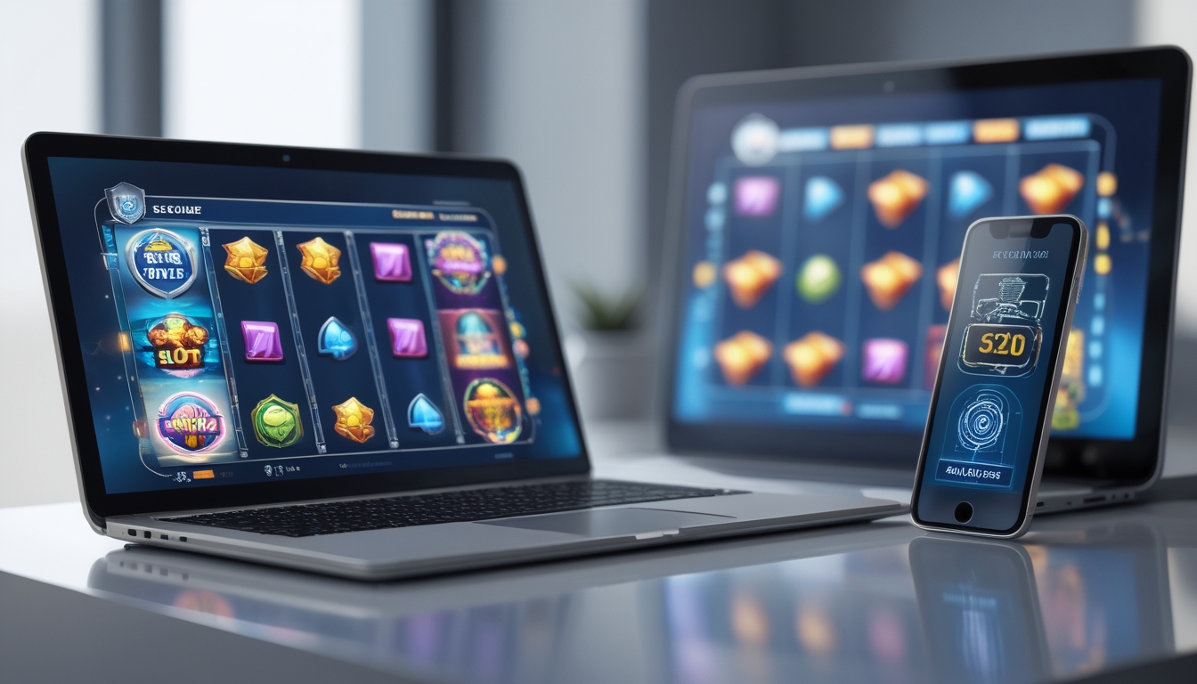 Laptop dan ponsel menampilkan permainan slot online dengan latar belakang yang bersih dan simbol keamanan.
