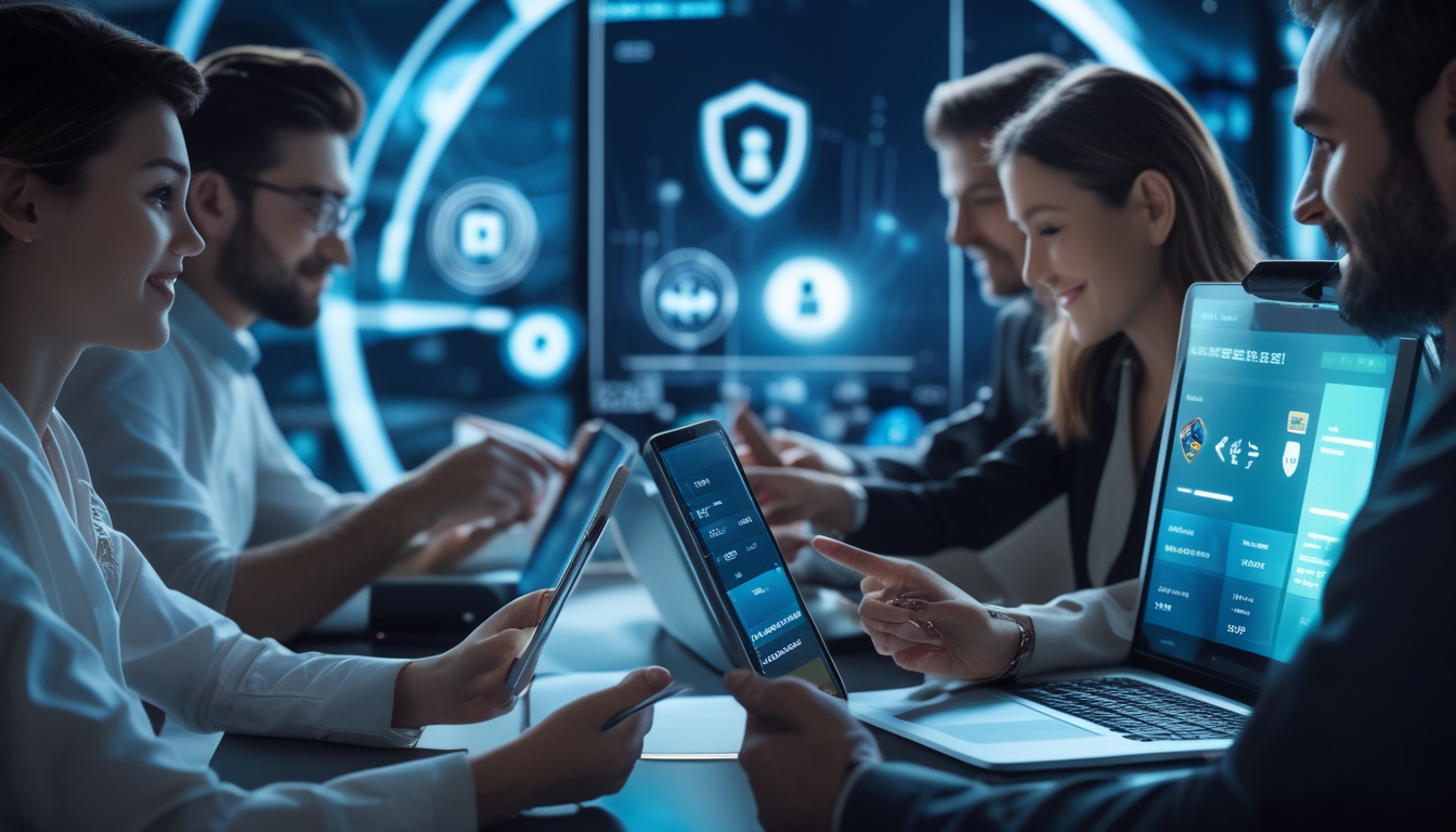 Orang-orang menggunakan perangkat digital untuk bermain slot online dengan latar belakang simbol keamanan dan teknologi.