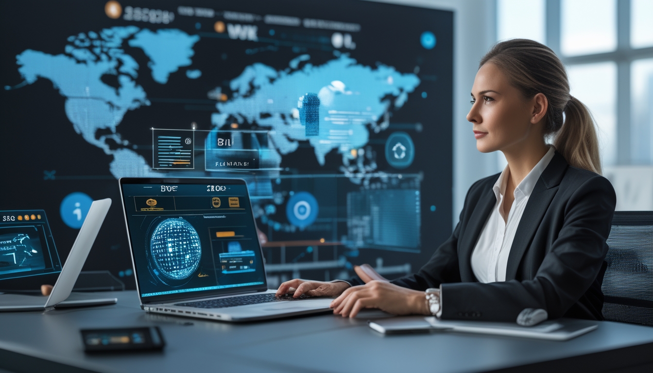Seorang wanita profesional duduk di meja kantor dengan beberapa perangkat digital yang menunjukkan grafik dan ikon pembayaran cepat.