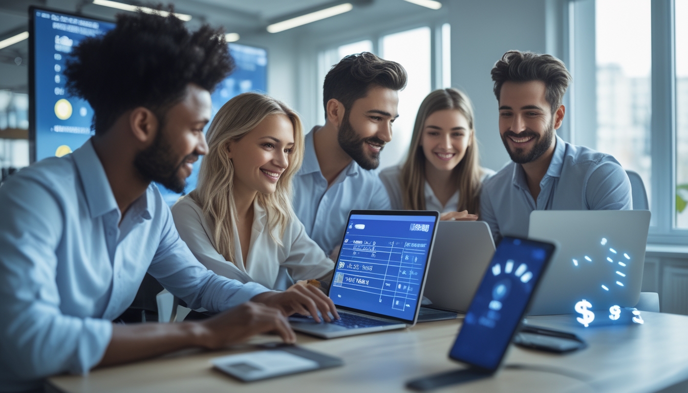 Sekelompok orang profesional menggunakan perangkat digital di kantor modern dengan ikon pembayaran dan angka lotere yang menunjukkan transaksi cepat dan terpercaya.
