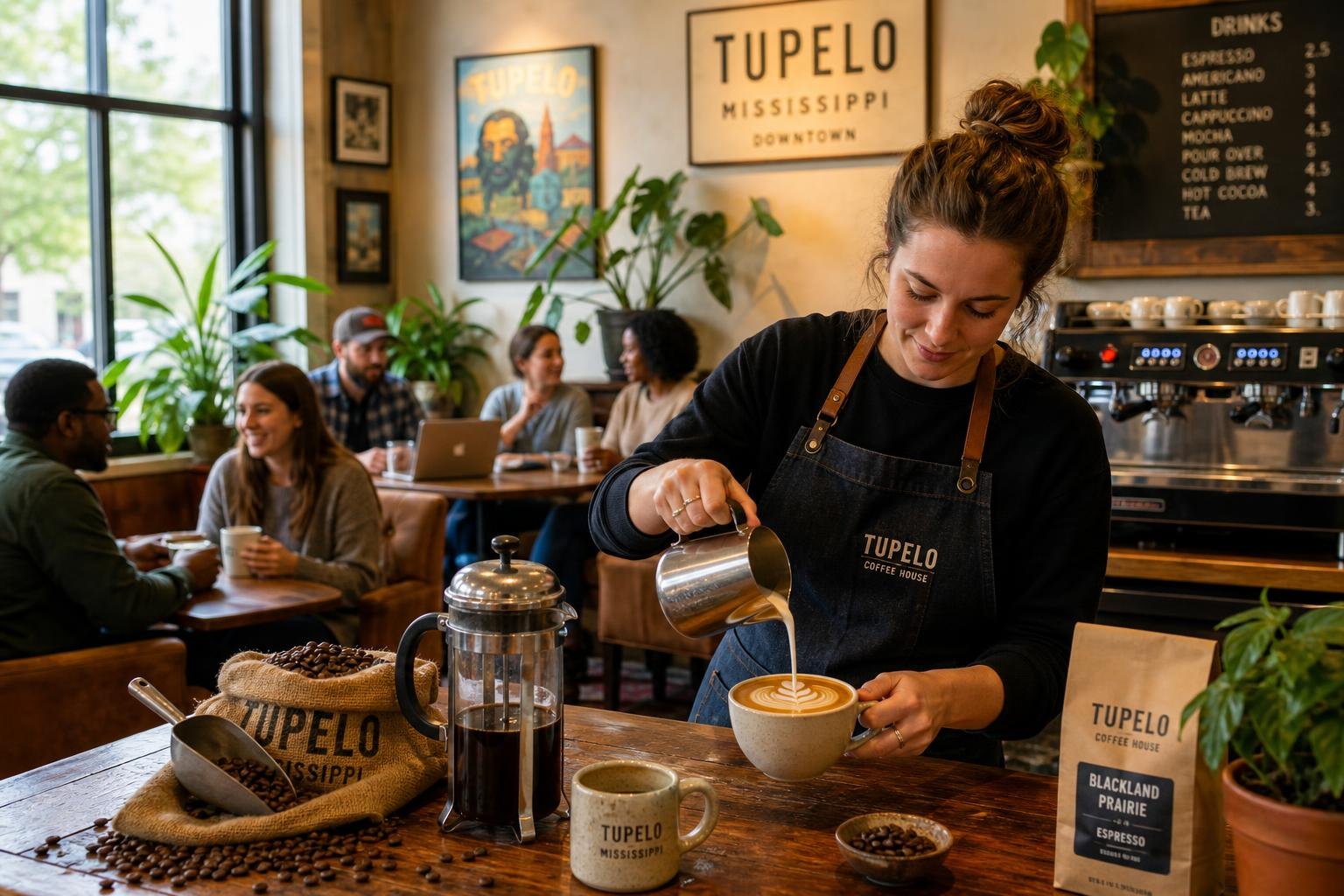 People enjoying coffee and conversation inside a cozy coffee shop with a barista preparing a latte.