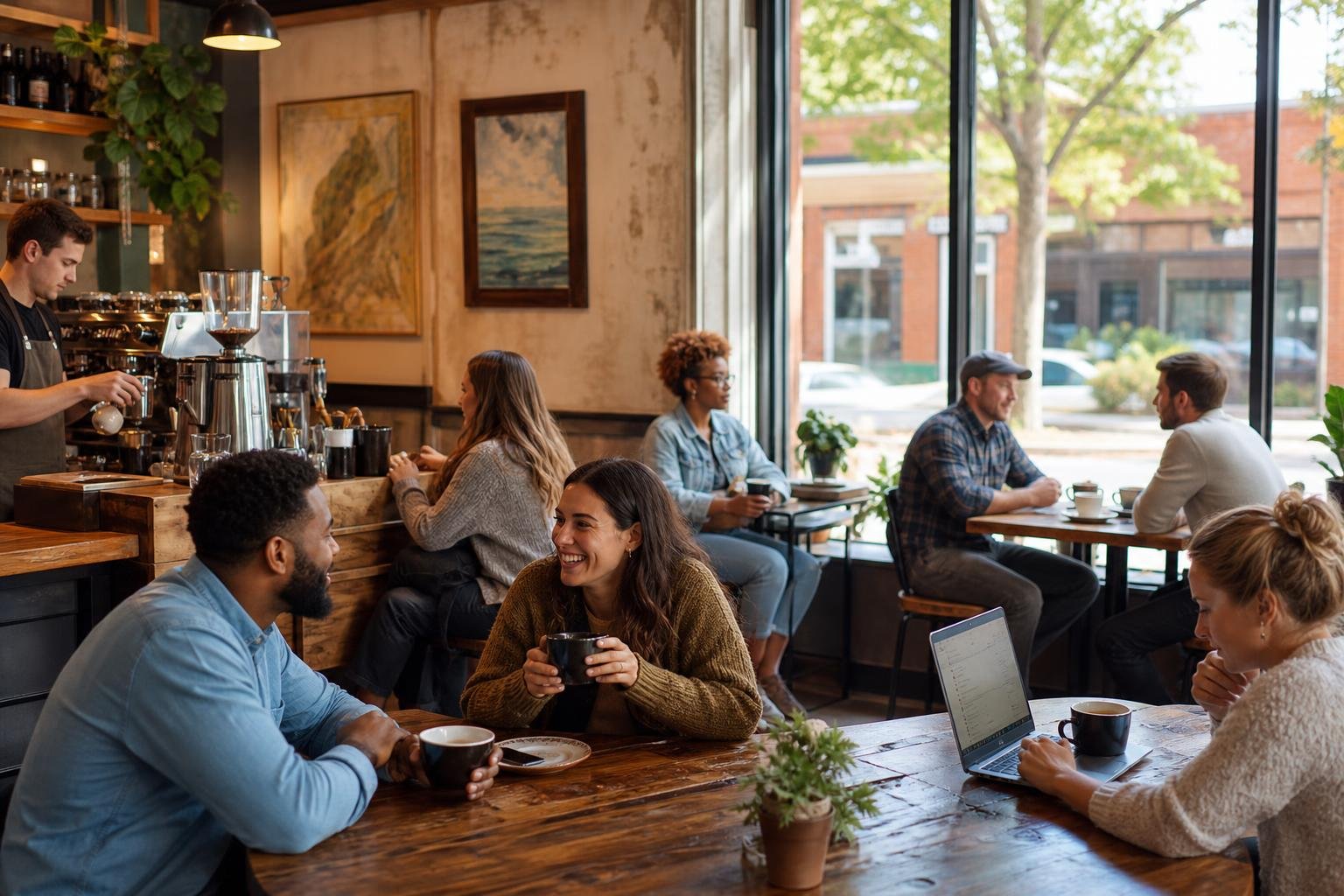 People enjoying coffee and conversation inside a cozy coffee shop with wooden tables and large windows showing a sunny street outside.