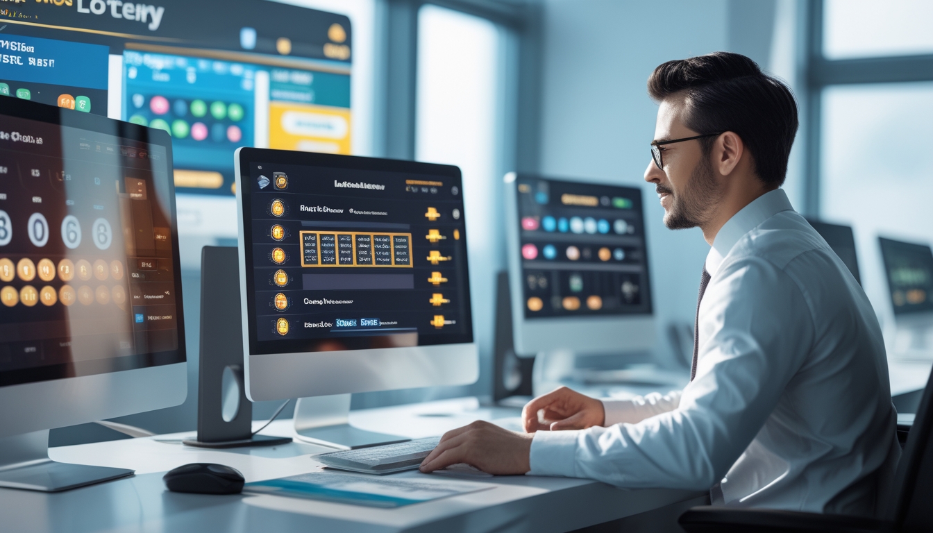 Seorang profesional duduk di meja kantor dengan beberapa layar komputer yang menampilkan grafik dan angka lotere, suasana kantor modern dan terang.
