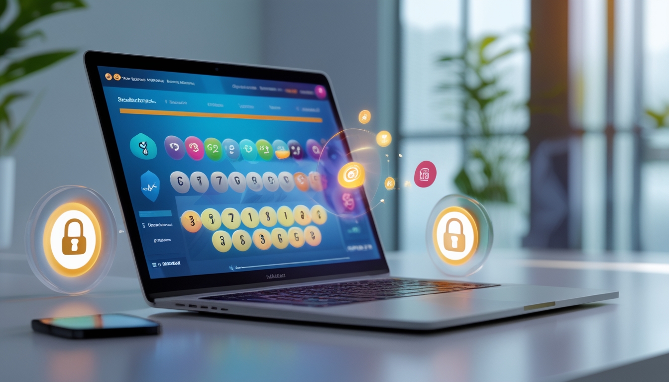 Seorang pria menggunakan laptop dengan tampilan antarmuka lotere online di meja kerja yang rapi.