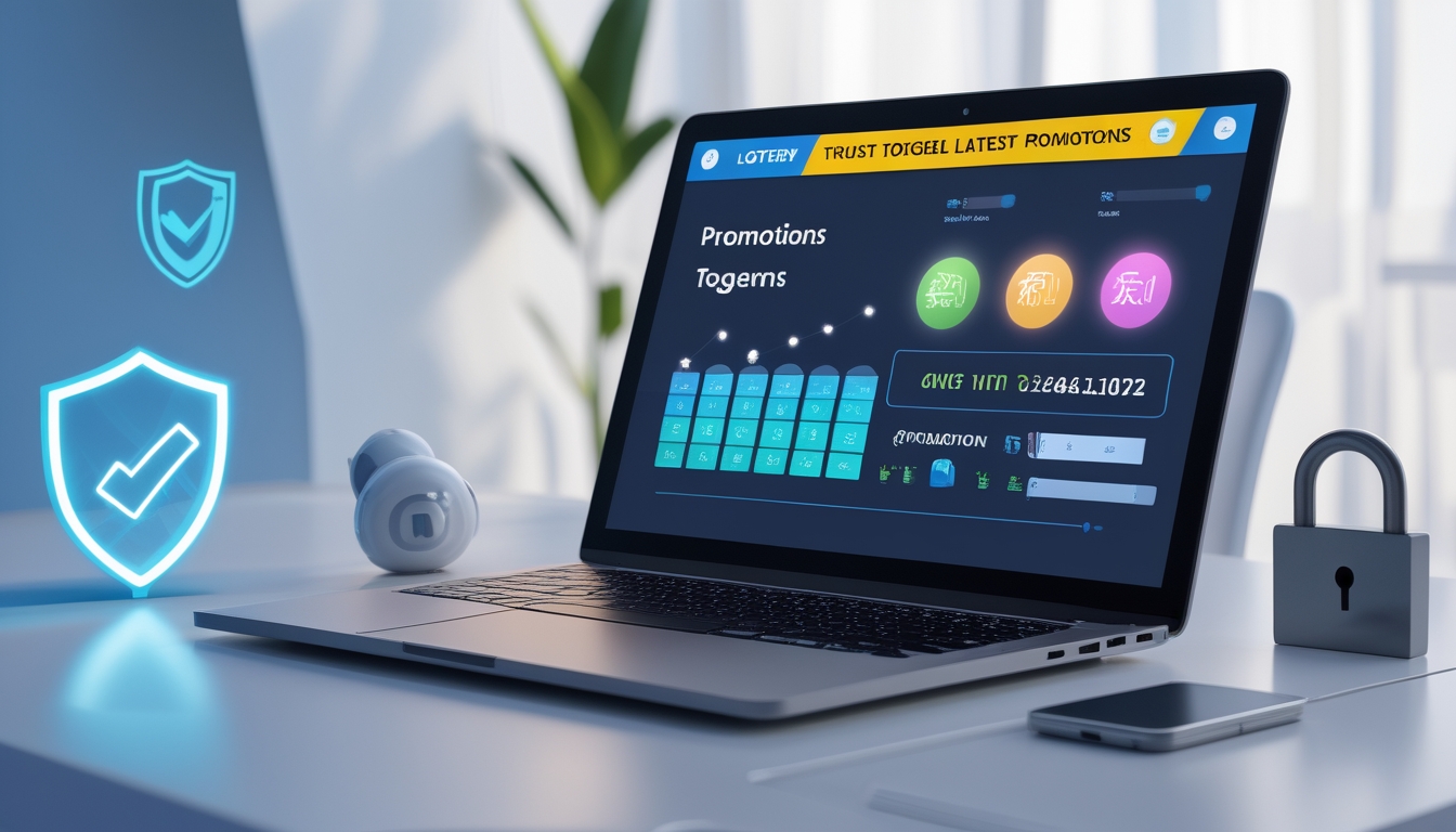 Seorang profesional menggunakan laptop di meja kerja dengan tampilan antarmuka situs togel online dan simbol keamanan di sekitarnya.