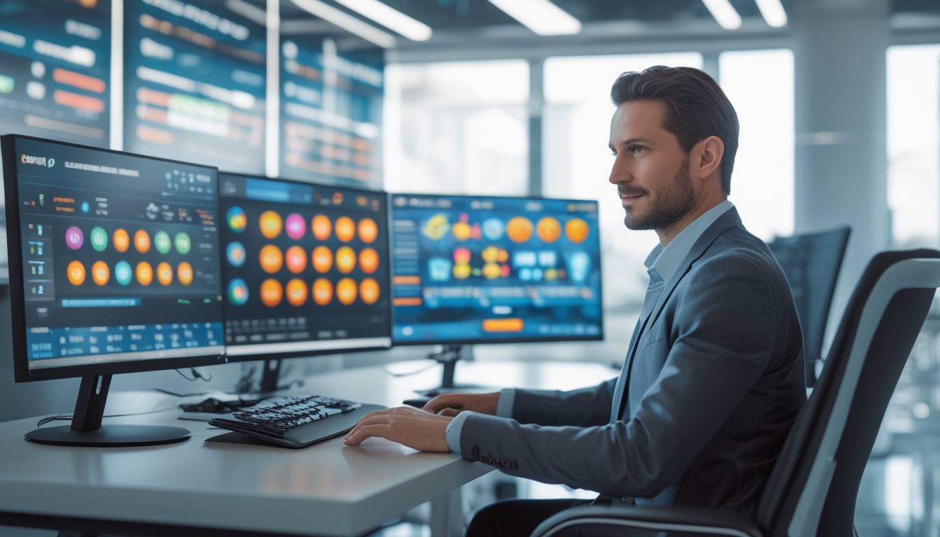 Seorang profesional duduk di meja kantor dengan beberapa monitor komputer yang menampilkan grafik terkait permainan togel online.