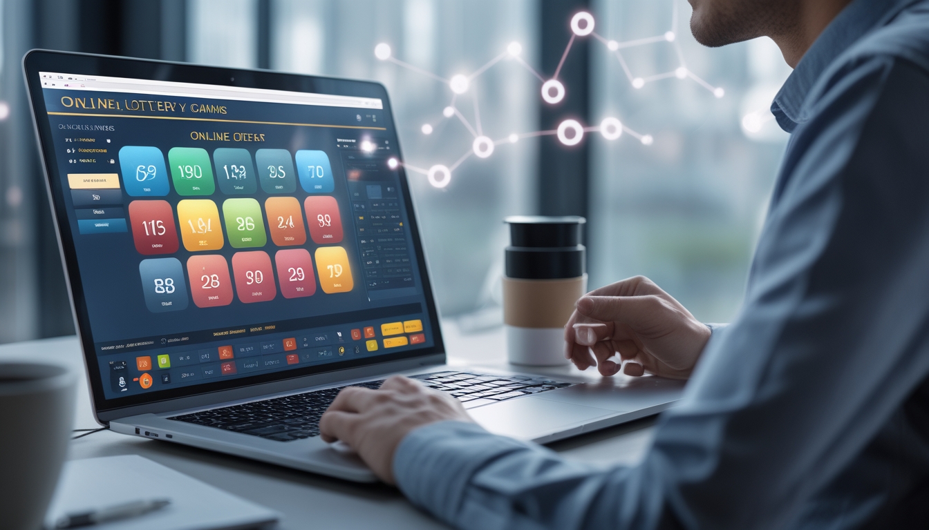 Seorang pria menggunakan laptop di meja kerja dengan tampilan platform togel online, dikelilingi oleh kopi, ponsel, dan buku catatan di ruangan yang terang.
