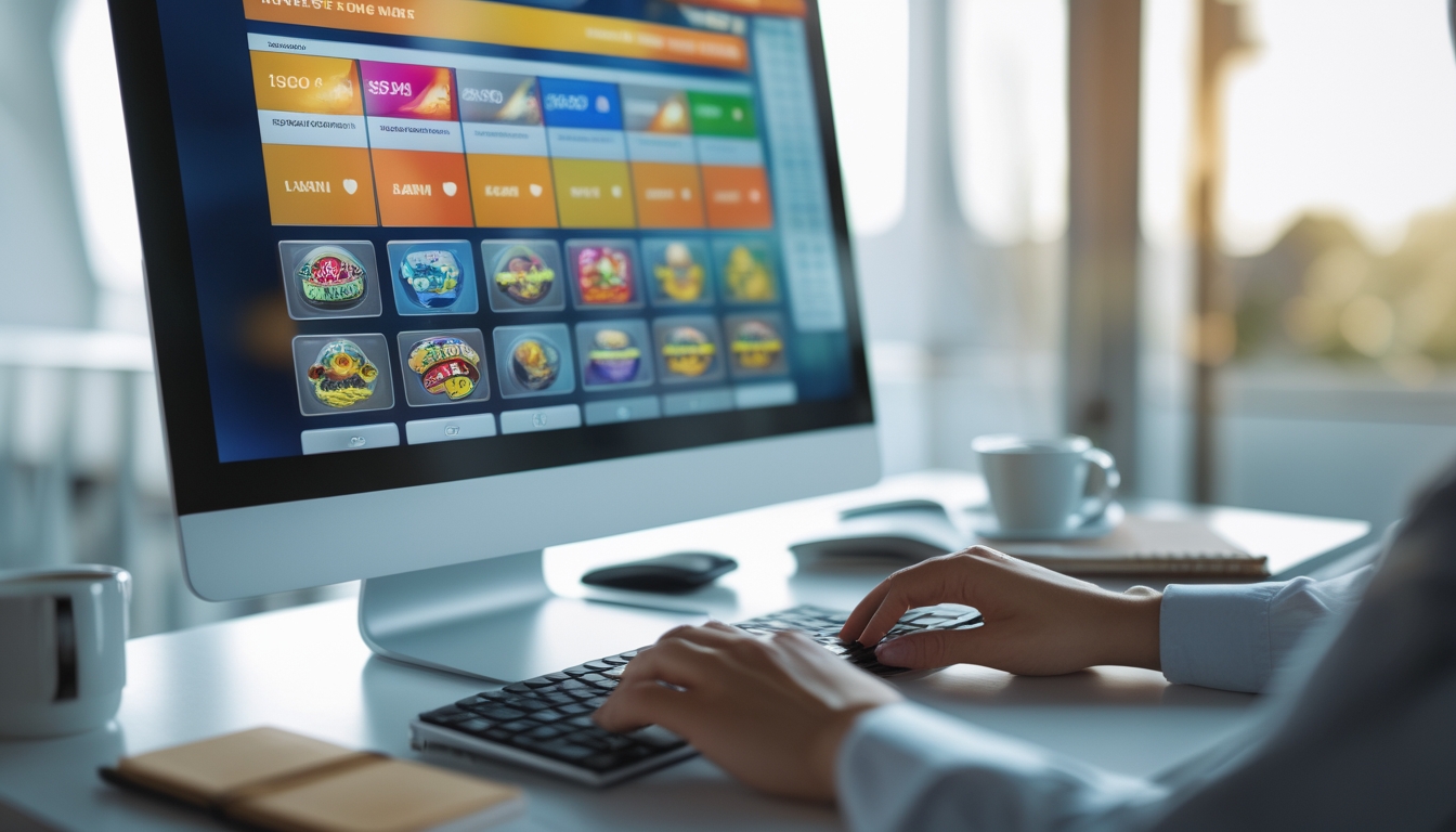 Sebuah ruang kerja modern dengan komputer menampilkan antarmuka permainan online, tangan sedang menggunakan mouse dan keyboard di meja yang rapi.