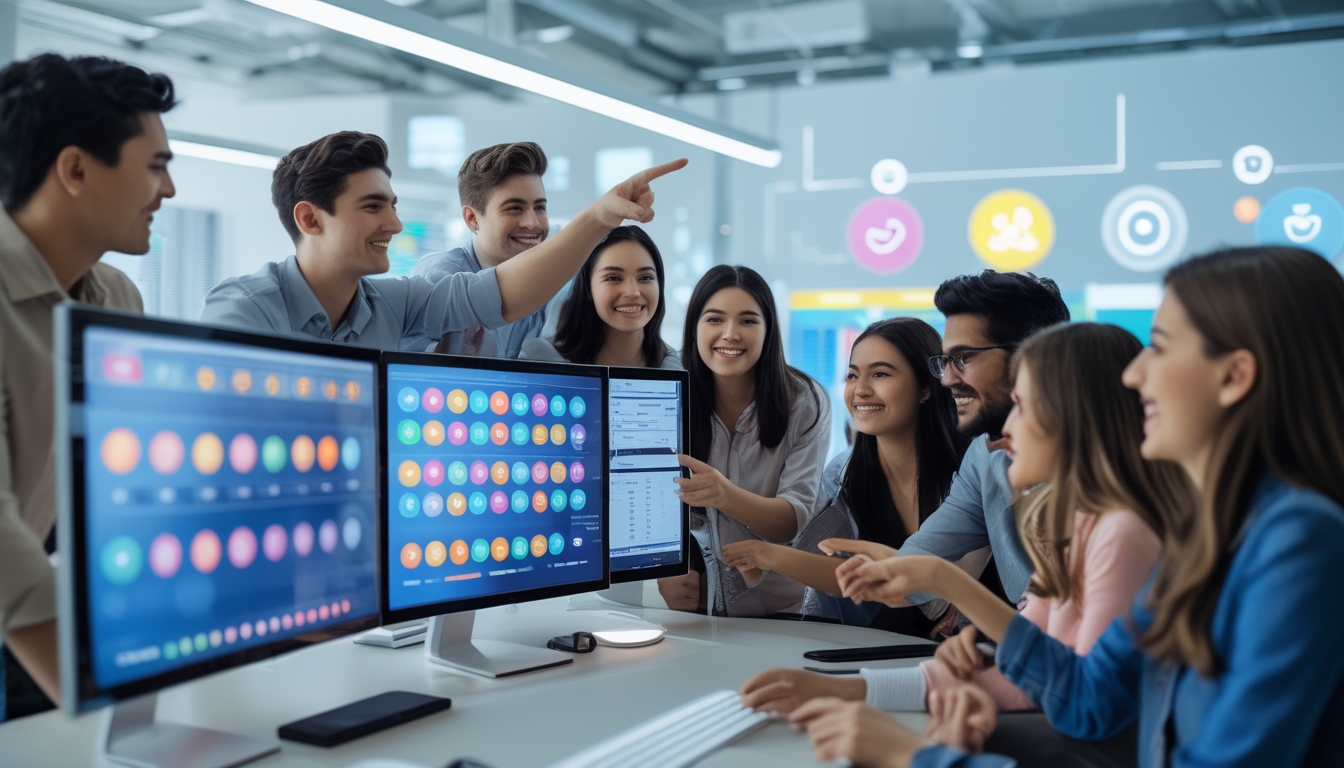 Sekelompok orang muda sedang berkumpul di depan komputer yang menampilkan angka togel dan grafik, terlihat antusias dan percaya diri dalam suasana kantor modern.