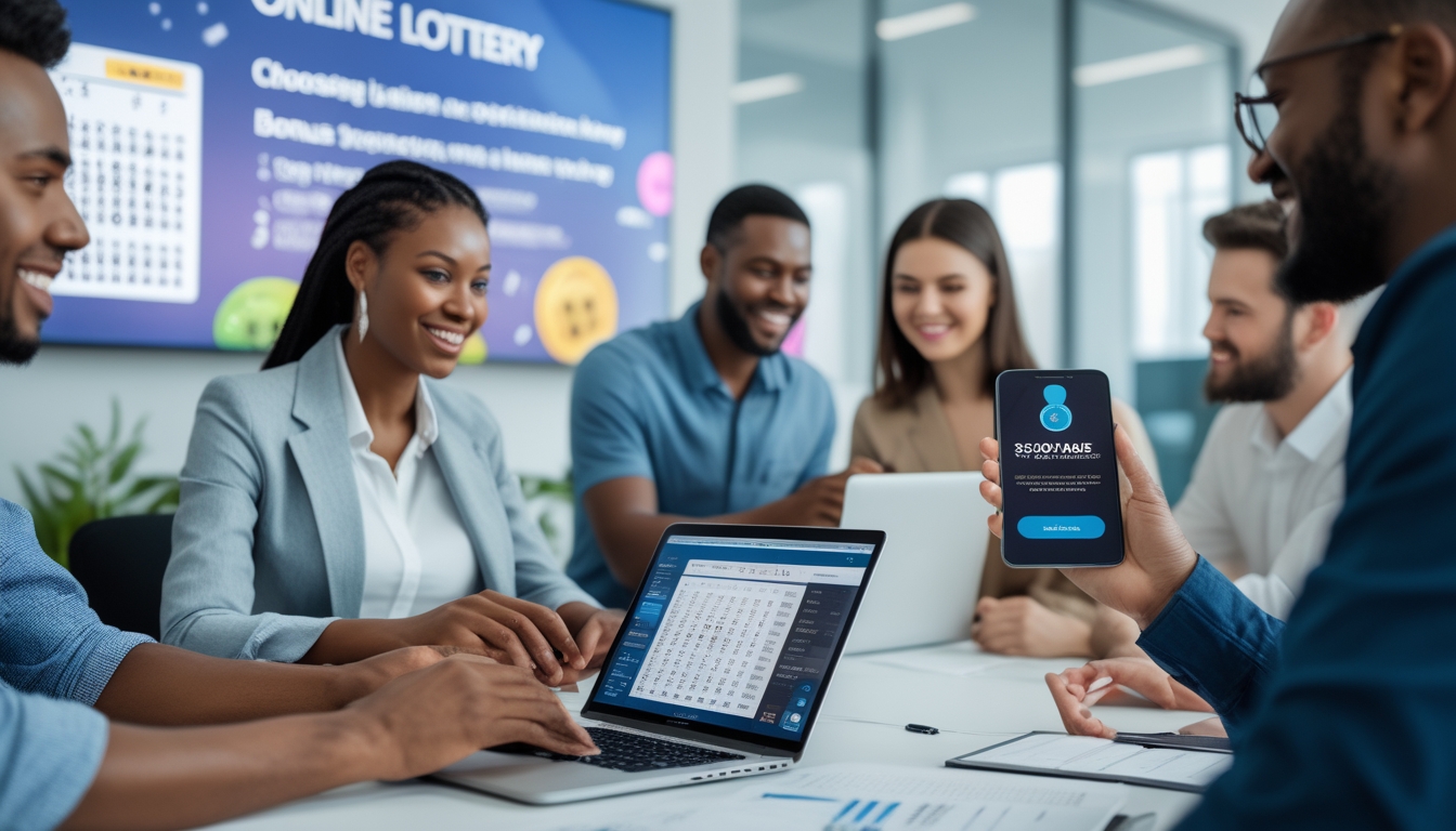 Orang-orang bekerja di kantor modern dengan laptop dan ponsel, fokus pada aktivitas permainan togel online yang terpercaya dan bonus anggota baru.