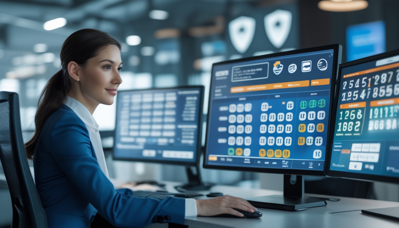 Seorang profesional duduk di meja kerja dengan beberapa monitor komputer yang menampilkan grafik dan antarmuka pembayaran digital, di lingkungan kantor modern yang menunjukkan layanan togel online terpercaya dan pembayaran cepat.