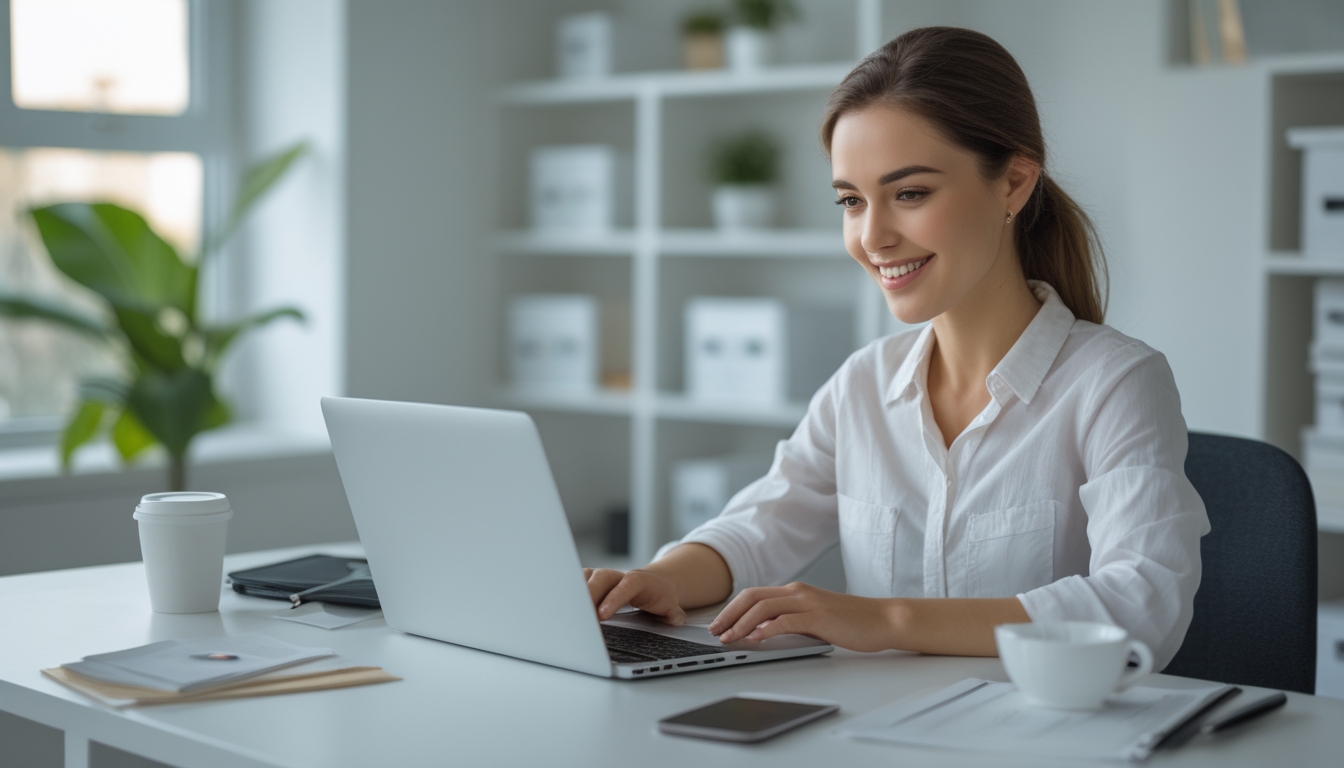 Seorang wanita muda duduk di meja kerja dengan laptop di ruang kantor rumah yang terang dan rapi, terlihat fokus dan puas saat menggunakan komputer.