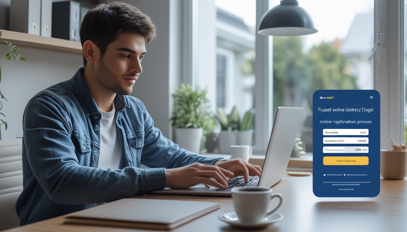 Seorang pria muda duduk di meja kerja modern menggunakan laptop untuk mendaftar pada platform togel online terpercaya di ruangan dengan pencahayaan alami.