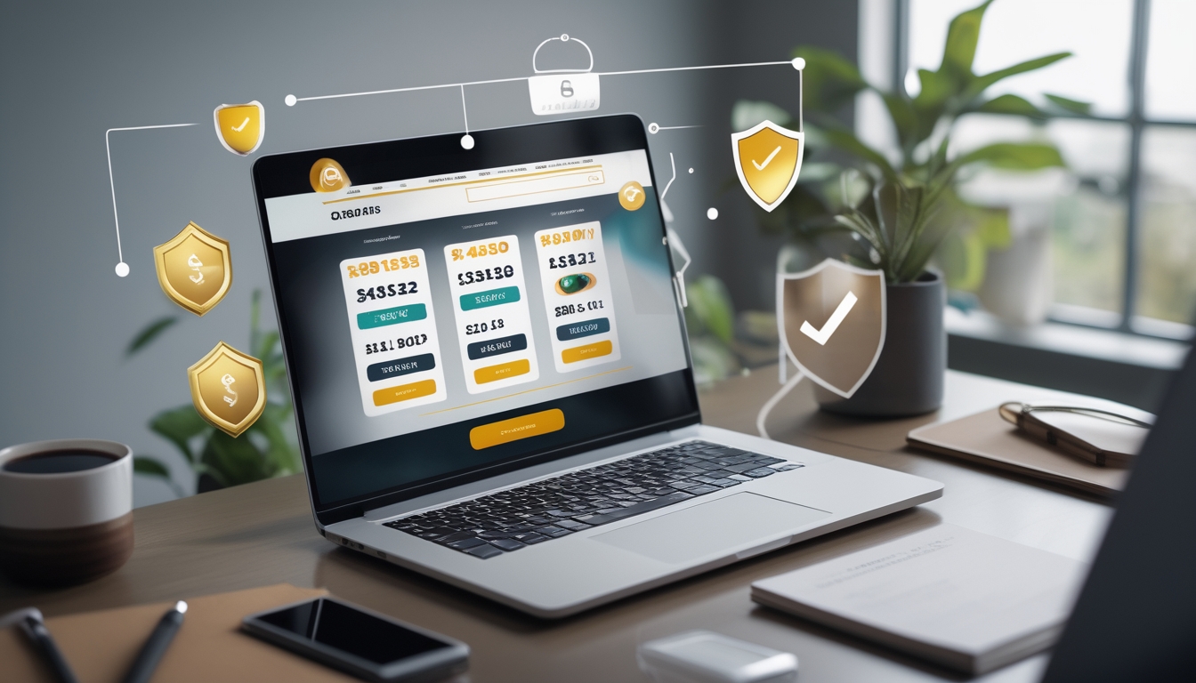 Meja kerja modern dengan laptop yang menampilkan antarmuka situs togel online dan elemen simbol keamanan serta promosi terbaru, dengan suasana yang rapi dan profesional.