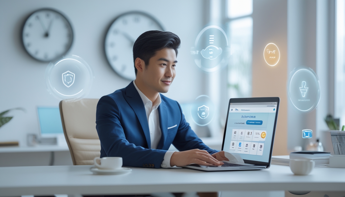 Seorang pria Asia duduk di meja dengan laptop di kantor yang terang dan rapi, menggunakan platform togel online yang terpercaya.