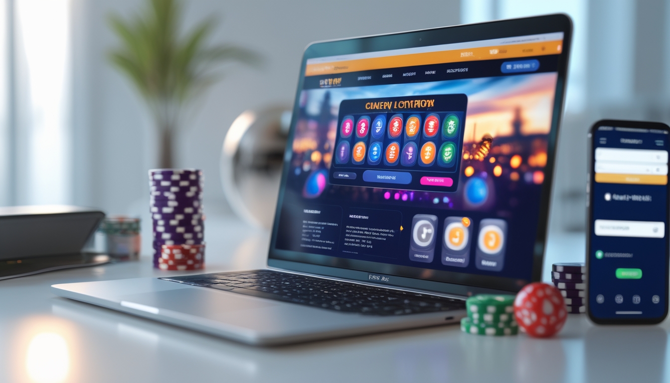 Meja kerja modern dengan laptop menampilkan antarmuka situs togel online, dikelilingi oleh elemen permainan seperti chip poker dan bola lotre.