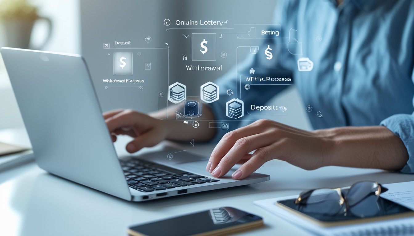 Seseorang menggunakan laptop dan ponsel di meja kerja dengan ikon digital yang menggambarkan proses deposit dan penarikan uang.