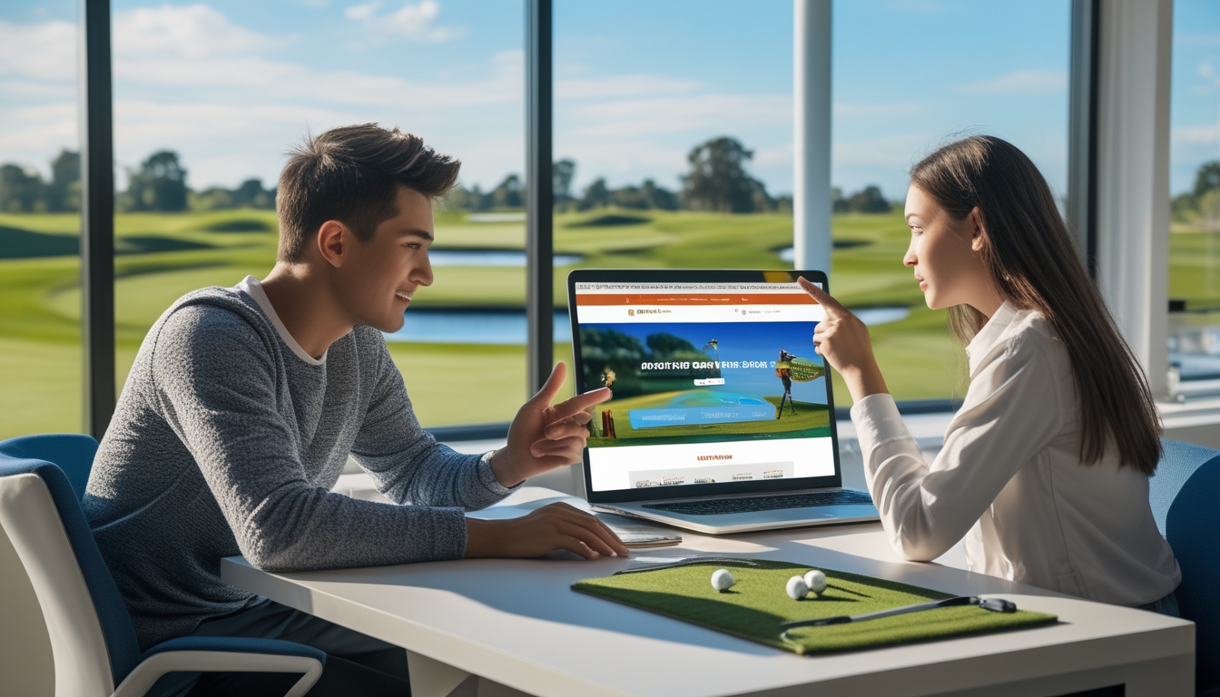 Dua orang muda duduk di meja dengan laptop, melihat layar yang menampilkan lapangan golf, dengan perlengkapan golf di meja dan pemandangan lapangan golf hijau di latar belakang.