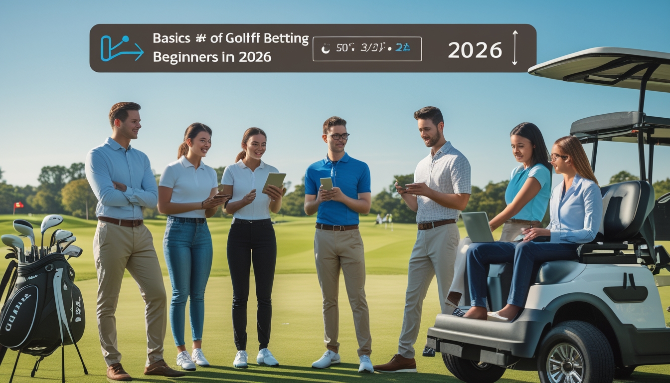 Sekelompok orang muda berkumpul di lapangan golf dengan peralatan golf dan perangkat digital, sedang mempelajari taruhan golf secara online.