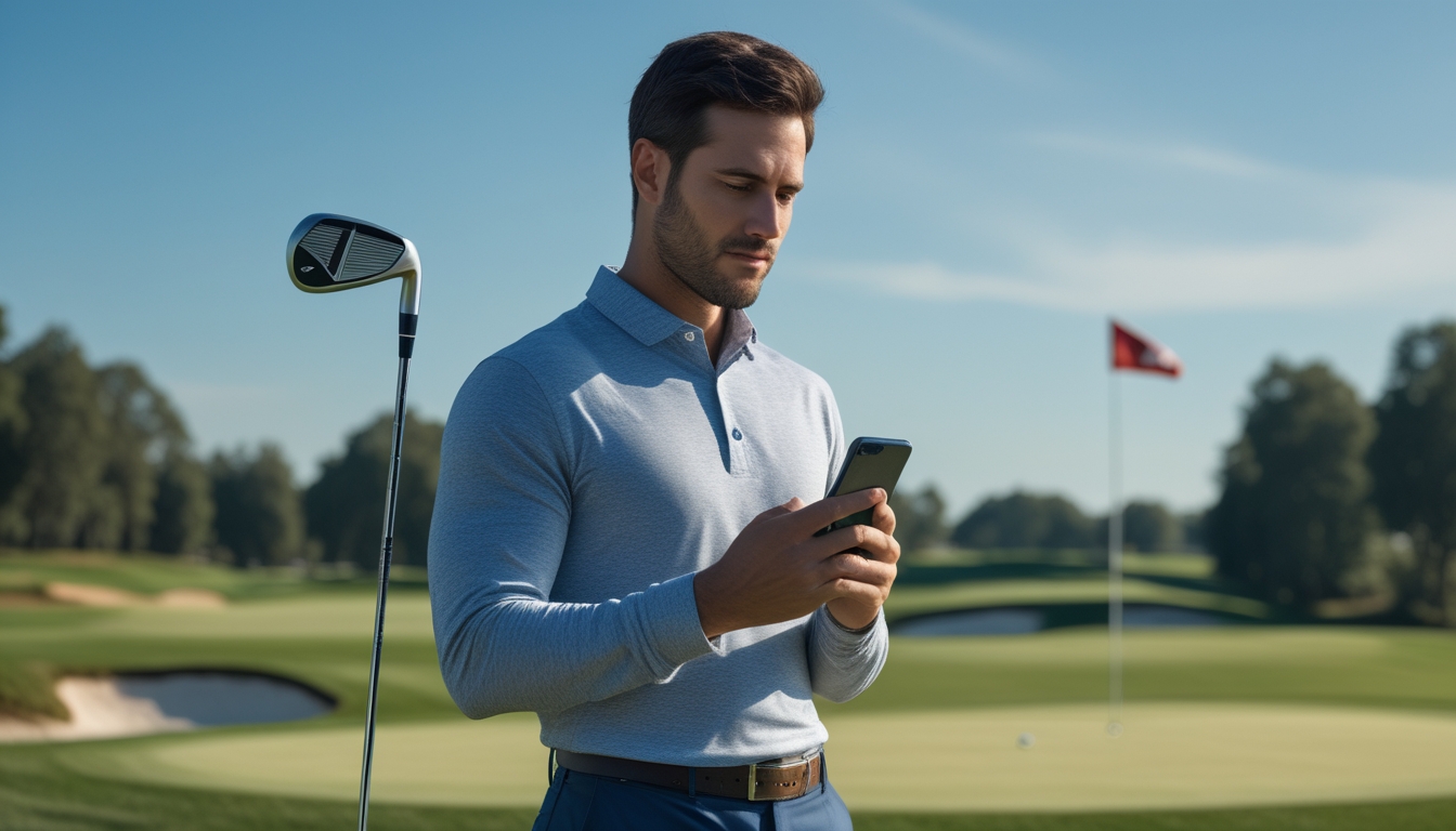 Seorang pria berdiri di lapangan golf sambil memegang tongkat golf dan melihat layar ponsel.