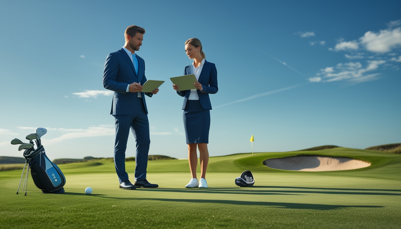 Dua orang berdiri di lapangan golf hijau, berdiskusi sambil memegang skor golf dan tablet dengan latar belakang lanskap lapangan golf.