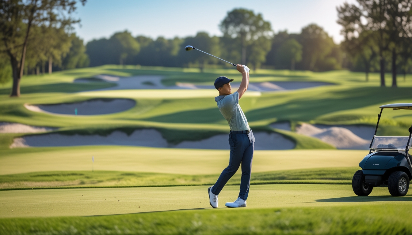 Seorang pegolf sedang melakukan ayunan di lapangan golf yang rapi dengan langit cerah dan pemandangan hijau di latar belakang.