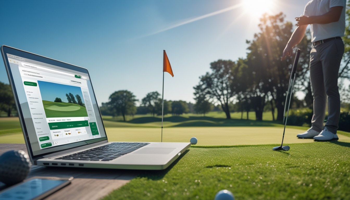 Seorang pria berpakaian kasual rapi sedang menggunakan laptop di dekat lapangan golf dengan tongkat golf dan bola golf di sekitar.