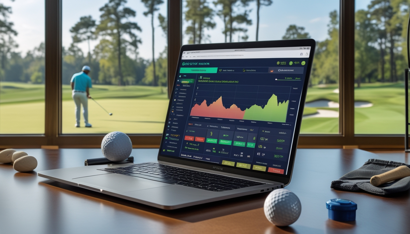 Seorang golfer sedang melakukan ayunan di lapangan golf yang cerah dengan perangkat elektronik di meja menampilkan antarmuka taruhan golf online.