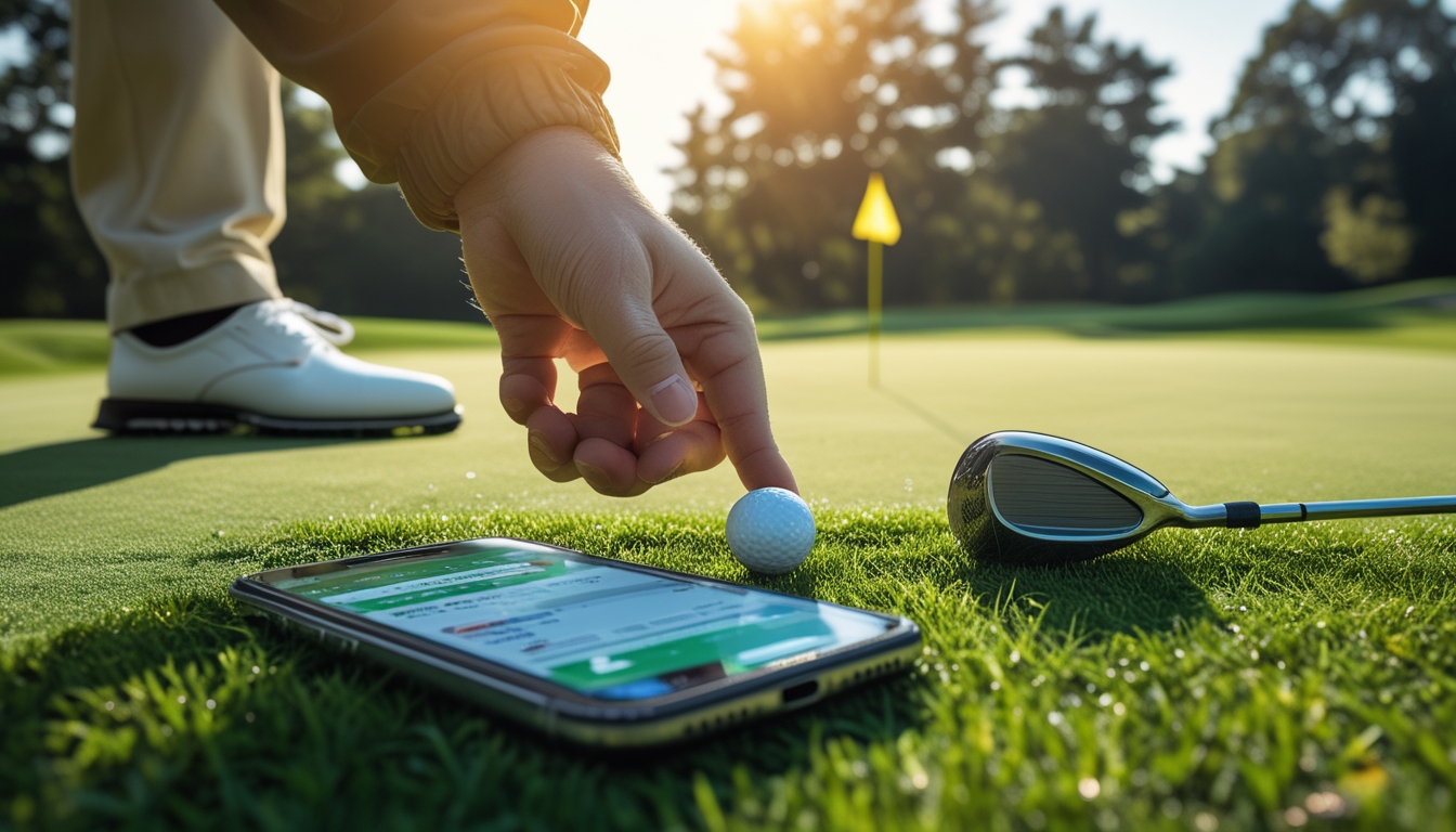 Seorang pemain golf memegang bola golf di atas tee dengan latar belakang lapangan golf hijau dan bendera lubang, serta sebuah smartphone yang menampilkan aplikasi taruhan golf.