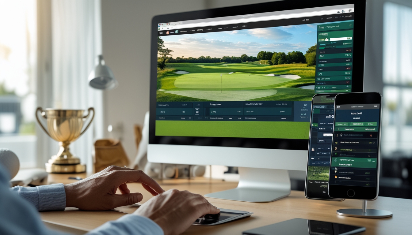 Seseorang menggunakan komputer di meja kerja dengan layar menampilkan lapangan golf dan antarmuka taruhan online.