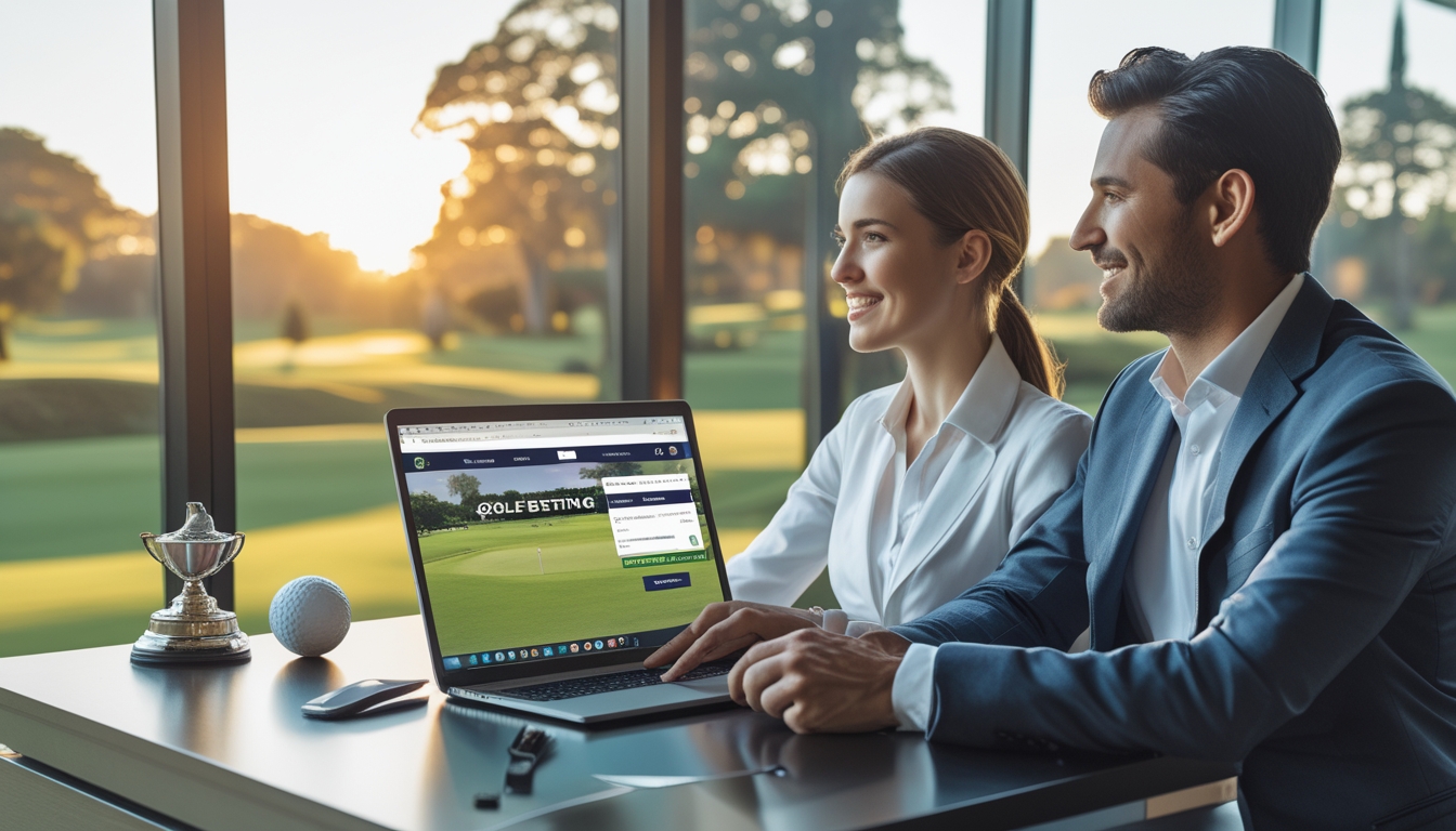 Dua orang duduk di meja dengan laptop terbuka menunjukkan situs taruhan golf online, latar belakang lapangan golf terlihat melalui jendela besar.