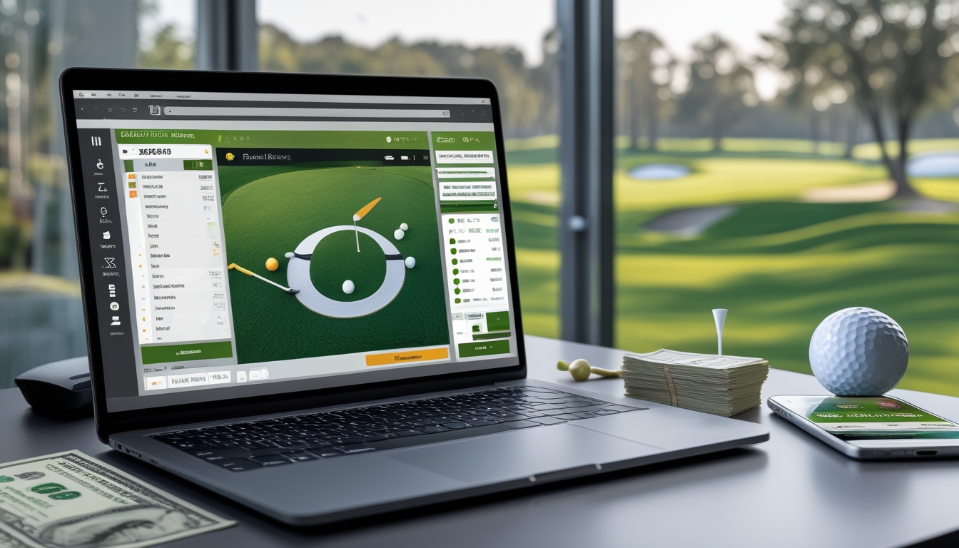 Meja kerja dengan laptop yang menampilkan situs taruhan golf online, tumpukan uang kecil, dan ponsel dengan aplikasi taruhan, dengan lapangan golf terlihat di latar belakang melalui jendela.